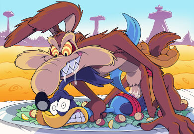 anthro ass avian beak behind bird blue bodily body brothers brown canid canine canis character claws clenched coyote cuckoo cuculiform cum desert drooling duo feathers feet fingers fluids food from front fur general genital grab grin ground inside jockey kneeling lemon lettuce looney looney_tunes lying male male/male mammal neck new on outside penetrated penetrating penetration plant position potato protagonistsub road roadrunner runner saliva sex teesh teeth toes warner wile_e._coyote