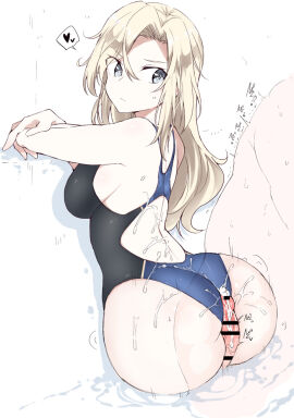 1boy 1girls after_buttjob after_ejaculation blonde_hair blue_eyes breasts bukkake buttjob buttjob_over_clothes censored closed_mouth clothed_female_nude_male competition_swimsuit cum cum_on_ass cum_on_body cum_on_clothes ejaculation female heart hornet_(kantai_collection) kantai_collection large_breasts long_hair looking_back male nude off_shoulder one-piece_swimsuit penis racerback shigino_sohuzi sideboob solo_focus spoken_heart straight swimsuit