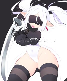 1girls armwear blindfold female frieren legwear leotard nier:_automata nier_(series) open_mouth pointy_ears solo sousou_no_frieren yorha_2b_(cosplay) zackir_7