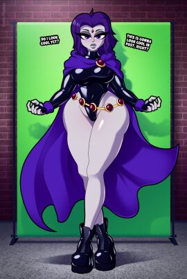 dc dc_comics dialogue eroticphobia female green_screen leotard posing purple_hair raven_(dc) short_hair superheroine teen_titans