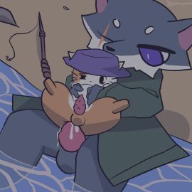 anal anal_sex anthro balls beach blue_body blue_fur bodily_fluids canid canine canis clothing cum cum_inside digital_media_(artwork) domestic_cat douglas_(fischer's_fishing_journey) duo erection felid feline felis feral fischer_(fischer's_fishing_journey) fishing_rod fur genital_fluids genitals godforgiveme4 hat hat_only headgear headgear_only headwear headwear_only hi_res male male/male male_penetrated male_penetrating male_penetrating_male mammal mostly_nude nude orange_body orange_fur penetration penis sand sex water wolf