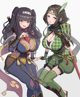 2girls between_breasts big_breasts black_hair blush breasts confident female fire_emblem fire_emblem_awakening fire_emblem_heroes gonzarez looking_at_viewer mother_and_daughter ninja noire_(fire_emblem) open_mouth pink_eyes purple_eyes scroll_inside shy tharja_(fire_emblem) tharja_(ninja)_(fire_emblem) thick_thighs thighs