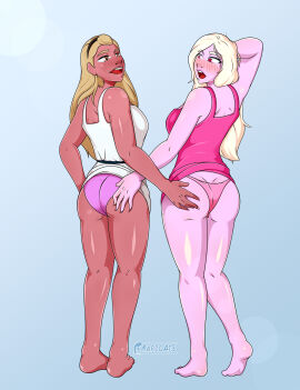 2girls afrodita_(destripando_la_historia) aphrodite ass back_view brown_eyes brown_hair clothed comic_panel destripando_la_historia dlh dress female female_only hera_(destripando_la_historia) marioa13 panties pink_body pink_eyes showing_ass touching_ass white_hair
