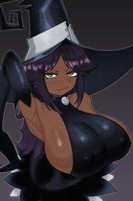 alternate_breast_size_(larger) armpit_crease armpits bare_shoulders blair_(soul_eater) blair_(soul_eater)_(cosplay) bleach breasts closed_mouth collarbone cosplay dark-skinned_female dark_skin elbow_gloves female female_focus glasscrow gloves hat highres large_breasts looking_at_viewer purple_hair shihouin_yoruichi sideboob simple_background soul_eater upper_body witch_hat yellow_eyes