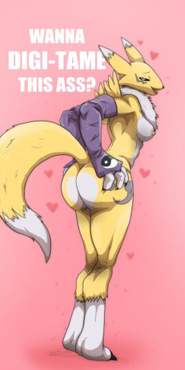 absurd_res anthro arm_warmers armwear ass bandai_namco black_sclera blue_eyes breasts canid canine clothing digimon digimon_(species) female fox fur hand_on_ass hand_on_butt hi_res holidays looking_at_viewer mammal nipples nude raised_tail renamon simple_background smile solo solo_focus standing tail teastuff valentine's_day white_body white_fur yellow_body yellow_fur