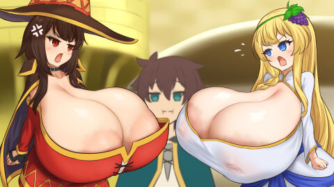 1boy 2girls :d alternate_breast_size areolae ass bangs black_hair blonde_hair blue_eyes blush breasts eyebrows_visible_through_hair female highres huge_breasts iris_(konosuba) kono_subarashii_sekai_ni_shukufuku_wo! light-skinned_female light_skin long_hair male megumin mokusheep multiple_females multiple_girls nipples open_mouth satou_kazuma