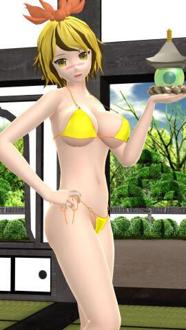 1girls 2023 3d bikini blush female hati_yukkuri_mmd headwear indoors inside light-skinned_female light_skin looking_at_viewer lotus mikumikudance mmd orange_hair orange_string_bikini ornament pagoda short-haired_female solo_female solo_focus swimsuit tiger toramaru_shou touhou tree undefined_fantastic_object yellow_bikini yellow_hair youkai