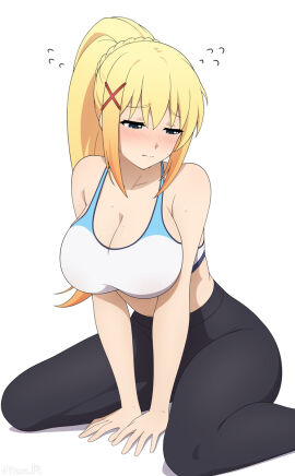 1girls absurdres averting_eyes bare_arms big_breasts black_pants blonde_hair blue_eyes blush breasts breasts_out cleavage closed_mouth darkness_(konosuba) female female_focus female_only femsub flying_sweatdrops high-waist_pants high_ponytail highres kono_subarashii_sekai_ni_shukufuku_wo! large_breasts light-skinned_female light_skin looking_down pants ponytail shy simple_background sitting solo solo_female solo_focus solo_only sports_bra sports_wear sportswear wariza white_background yisusjpl yoga_pants
