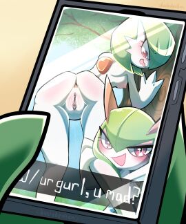 ambiguous_gender anus blush dustedpollen electronics eyeshadow female flustered gallade gardevoir generation_3_pokemon generation_4_pokemon genitals hi_res holding_leg holding_object holding_phone holding_tree kirlia lesbian looking_down_at_another makeup message nintendo nipples phone plant pokemon pokemon_(species) pokemon_only pussy smug tree yuri
