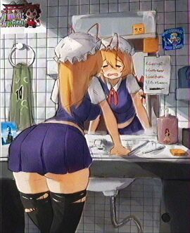 2girls ass bathroom black_panties black_thighhighs blonde_hair blue_shirt blue_skirt breasts brown_hair commentary commission crying english_commentary female filter frown gaslight_gatekeep_girlboss_(meme) hakurei_reimu highres large_breasts large_pectorals leaning_forward long_hair mature_female meme milf multiple_females multiple_girls nyztsune open_mouth panties paper pectorals pleated_skirt reimu_hakurei shirt short_sleeves sink skirt soap_dispenser sticky_note surprised thighhighs toothbrush touhou towel underwear wide-eyed yakumo_yukari yukari_yakumo
