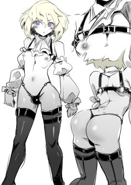 1boy androgynous ass blonde_hair bulge embarrassed femboy frilled_sleeves girly leather_straps lio_fotia male male_only nipples panties panty_bulge promare prprlo revealing_clothes slim slim_waist solo thighhighs thighs thin_waist thong twink