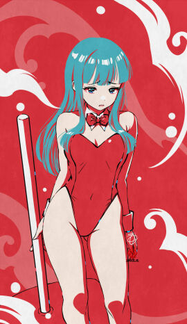 blue_eyes bow bowtie breasts character_request detached_collar dragon_ball dragon_ball_gt female gluteal_fold green_hair highres huge_weapon kanchiyo leotard limited_palette long_hair mallet medium_breasts nontraditional_playboy_bunny puar puar_(girl) red_background red_bow red_bowtie red_leotard solo straight_hair weapon wrist_cuffs