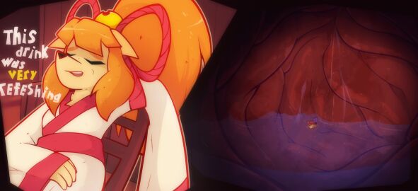 absurd_res accessory anthro asian_clothing belly bodily_fluids bow_ribbon canid canine ceroba_(undertale_yellow) ceroba_ketsukane closed_eyes clothed clothing clover_(undertale_yellow) comic digital_media_(artwork) duo ears_down east_asian_clothing english_text extreme_size_difference faceplant female fox full_stomach fur hair hair_accessory hair_ribbon hairbow hand_on_belly hi_res human inside_stomach internal japanese_clothing kimono leaning leaning_backward macro male male/female mammal micro monster open_mouth oral_vore orange_hair organs pivoted_ears ponytail ribbons satisfied satisfied_look sitting size_difference smile stomach tan_body tan_fur text unaware unaware_pred undertale_yellow vore