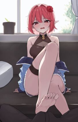 1other absurdres ambiguous_gender bare_legs bare_shoulders barefoot black_choker blue_jacket blue_shorts blush breasts brown_shirt bulge choker chunduk commission convenient_leg cutoffs denim denim_shorts dungeon_and_fighter eclipse_(dungeon_and_fighter) embarrassed erection erection_under_clothes feet female female_mage_(dungeon_and_fighter) flower footjob_over_clothes hair_flower hair_ornament highres jacket large_breasts leg_up looking_at_viewer off_shoulder open_mouth original pointy_ears pov pov_crotch red_eyes red_hair see-through_cleavage see-through_clothes shirt short_hair short_shorts shorts sitting sleeveless sleeveless_shirt soles solo_focus straight summoner_(dungeon_and_fighter) sweat thigh_strap thighs toes