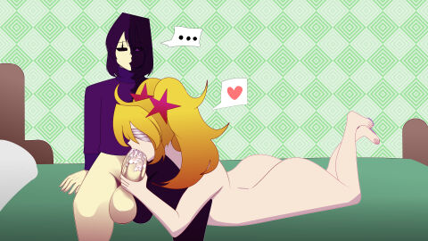 ... 1boy 1girls ass balls bed big_ass big_penis cum cum_in_mouth dark_zixy fellatio female hand_on_penis heart male naked_female penis shirt stefany_(thebenja05) yazu_(artist) yazuel_aliel