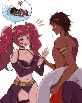 1boy 1girls alternate_costume alternate_hairstyle bikini bracelet brown_hair couple dark-skinned_male dark_skin facial_mark female fire_emblem fire_emblem_engage fogado_(fire_emblem) gold_armlet gold_belt gold_bracelet gold_circlet gold_necklace hair_ornament halterneck highres holding holding_swim_ring jewelry male necklace nintendo oda32t official_alternate_costume official_alternate_hairstyle purple_bikini short_hair speech_bubble star-shaped_pupils star_(symbol) star_facial_mark star_hair_ornament straight swim_ring swimsuit symbol-shaped_pupils twintails yunaka_(fire_emblem)