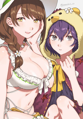 2girls :d @_@ ahoge alternate_costume animal_hood asymmetrical_docking bare_shoulders bear_hood bernadetta_von_varley bernadetta_von_varley_(summer) bikini blush braid breast_press breasts breasts_out bridal_garter brown_hair cleavage collarbone commentary d: female female_only fire_emblem fire_emblem:_three_houses fire_emblem_engage fire_emblem_heroes flower goldmary_(fire_emblem) grey_background grey_eyes hair_between_eyes hand_on_own_face hand_up hat hat_flower highres hood hood_down knees_up large_breasts light-skinned_female light_skin long_hair looking_at_viewer mole mole_on_breast multiple_females multiple_girls navel nintendo official_alternate_costume open_mouth parted_lips peach11_01 purple_hair small_breasts smile star_(symbol) stomach swimsuit tearing_up upper_body white_background white_bikini white_hat white_swimsuit yellow_eyes