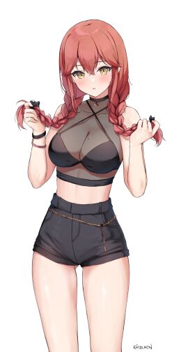 1girls absurd_res absurdres bare_arms bare_belly bare_hands bare_legs bare_midriff bare_navel bare_shoulders bare_skin bare_thighs belly black_choker black_hair_ribbon black_ribbon black_shorts black_topwear braid braided_hair braided_twintails breasts choker cleavage collarbone dot_nose elbows female female_focus female_only fingers groin hair_between_eyes hair_ribbon half_naked hand_on_hair hand_on_own_hair high_resolution highres hourglass_figure kaetzchen legs light-skinned_female light_skin liliya_(kaetzchen) long_hair looking_at_viewer medium_breasts naked naked_female nude nude_female original original_art original_artwork original_character red-haired_female red_hair ribbon shiny_legs shiny_skin shiny_thighs shorts shoulders simple_background skinny skinny_female skinny_waist slender_body slender_waist slim_female slim_waist solo standing thick_thighs thigh_gap thighs thin_waist topwear twintails twintails_(hairstyle) upper_body v-line white_background wide_hips yellow-eyed_female yellow_eyes