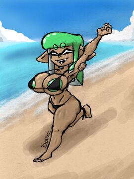 alys_(dus) areola_slip areolae areolae_peeking beach big_breasts big_nipples bikini bikini_bottom bikini_top breasts dus duskizi female female_only huge_breasts inkling inkling_girl nintendo original original_character running solo solo_female splatoon