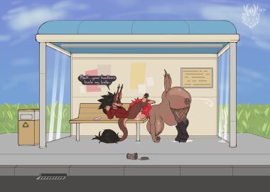 2024 after_anal after_oral after_rape after_sex after_vaginal anthro ass avian balls beak belly bench big_balls big_belly big_breasts big_penis bird black_body black_clothing black_fur black_hair black_sclera blue_eyes bodily_fluids bottomless breasts brown_body brown_fur bus_stop butt_tattoo canid canine canis claws clothed clothing cloud coffee_cup colored container cum cum_expulsion cum_inside cum_on_balls cum_on_glass cum_on_ground cup dated demon detailed_background duo electronics english_text female fishnet_clothing fishnet_legwear fur genital_fluids genitals glass grass grin hair hand_on_hip head_lock hi_res holding_coffee_cup holding_container holding_cup holding_object holding_phone humanoid_genitalia humanoid_penis hybrid inflation legwear light_balls light_penis looking_at_another male mammal partially_clothed pawpads paws penis phone plant purple_eyes pussy red_hair size_difference sky smile snavel speech_bubble standing tail tail_tuft tattoo text thick_thighs topwear topwear_only trash_can tuft wolf wolfarion wolfarion_(character) yellow_beak