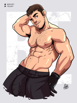 1boy armpit_hair bara beard_stubble big_bulge bulge capcom chris_redfield clothing hairy_chest huge_bulge male male_nipples male_only muscular muscular_male nipples penis penis_outline resident_evil resident_evil_8:_village tight_clothing velgaty yaoi