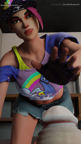 3d beach_bomber before_sex brite_bomber clothed clothed_female clothing darkbahamuth female fortnite fortnite:_battle_royale fully_clothed fully_clothed_female licking licking_lips looking_at_penis male penis reaching_out tagme