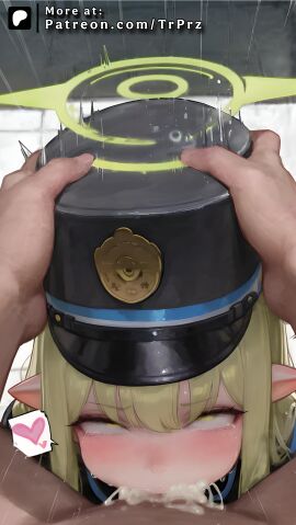 ai_generated blue_archive clothed_female_nude_male cum cum_in_mouth deepthroat ejaculation elf female female_focus hand_on_head hat head_grab hikari_(blue_archive) oral pointy_ears pov pov_male rolling_eyes tears trugprz