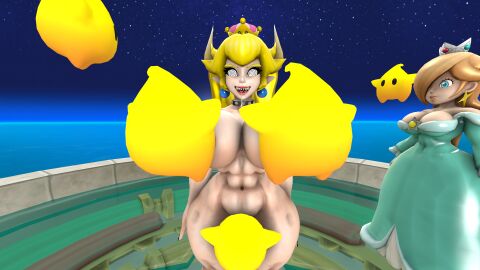 2girls 3d 3d_(artwork) abs bad_anatomy big_breasts big_thighs blonde_hair blue_eyes bowsette breast_sucking breasts collar comet_observatory crown cunnilingus curvy dress drool drool_string drooling earrings female hair_over_one_eye horns huge_breasts huge_thighs human large_breasts large_thighs light-skinned_female light_skin lips lipstick long_hair luma mario_(series) mind_control naked new_super_mario_bros._u_deluxe nintendo nude open_mouth platinum_blonde_hair pointy_ears ponytail princess_rosalina sfm sharp_teeth smile source_filmmaker spiked_collar spiral_eyes standing star_earrings strapless_dress supaphreak super_mario_galaxy thighs