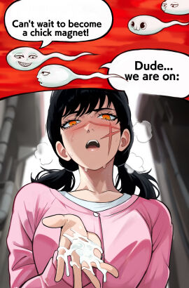 black_hair blush breasts buttons chainsaw_man collarbone commentary commenter_reached_truth cross_scar cum cum_on_hands female highres long_hair long_sleeves low_twintails medium_breasts meme neggoartz nose_blush open_mouth pink_shirt ringed_eyes scar scar_on_cheek scar_on_face scar_on_nose shirt sperm_cell sperm_cell_with_face sperm_conversation_(meme) surprised sweat teeth twintails upper_teeth yoru_(chainsaw_man)