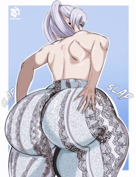 1girls ass ass_slap bell_bottoms_(pants) big_ass bubble_ass bubble_butt elf elf_female fat_ass female female_only flare_pants forbidden_pants frieren gluteal_fold hand_on_ass hand_on_own_ass huge_ass large_ass massive_ass pants slapping_ass slapping_own_ass solo sousou_no_frieren thick_ass thick_thighs topless white_hair wide_hips z3husky