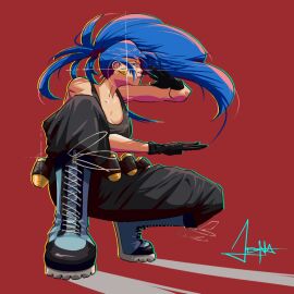 1girls athletic athletic_female big_breasts blue_eyes blue_hair boots breasts busty earrings female fit fit_female king_of_fighters leather leona_heidern light-skinned_female light_skin long_hair military military_clothing military_uniform pale-skinned_female pale_skin ponytail tank_top thick_thighs thighs tied_hair voluptuous voluptuous_female