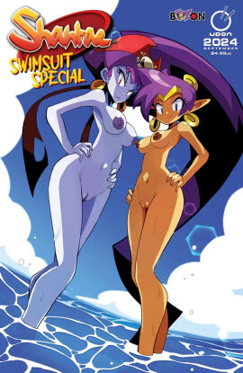 2girls accurate_art_style bikini blue_eyes breasts camera cleavage comic_cover dark-skinned_female dark_skin earrings edit english_text female female_only genie hi_res light-skinned_female light_skin long_hair looking_at_viewer multiple_females multiple_girls nami_sakurajyousui nude nude_filter ocean official_art pale-skinned_female pale_skin pirate pirate_hat pointy_ears ponytail purple_hair pussy red_eyes risky_boots shantae shantae_(character) skinny smile standing_in_water swimsuit tanned_female text underboob very_long_hair water