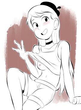 admirallewdie aged_up belly belly_button beret blush blushing_at_viewer breasts cleavage clothed clothing collar ear female front_view hilda_(hilda) hilda_(series) long_hair looking_at_viewer neck necklace neckwear netflix nipples nude partially_clothed partially_nude posing shirt shirt_lift shirt_up shorts small_breasts small_nipples smile smiling solo white_background work_in_progress yohocutie