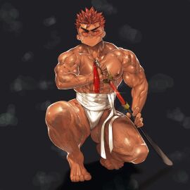 1boy abs arm_hair armpit_hair bara biceps big_breasts big_eyes black_background breasts brown_hair bulge bulge_through_clothing chest_hair feet fundoshi fundoshi_only hi_res katana kneeling leg_hair looking_away male male_only muscles muscular muscular_arms muscular_legs muscular_male muscular_thighs nipple_hair orange_eyes original original_character pecs pubic_hair rokushaku_fundoshi samurai sarashi scar scar_on_arm scar_on_face scar_on_nose shina_(mjaldrarland) short_hair simple_background six_pack spiky_hair sweat sweatdrop sword tassles thick_arms thick_eyebrows thick_neck thick_thighs toes unsheathing veiny_arms veiny_feet veiny_legs veiny_muscles white_fundoshi yaoi