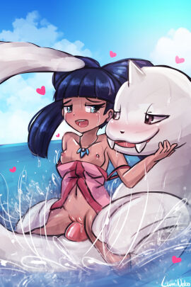 1boy 1girls 1pokemon 2024 artist_name bangs black_hair black_nose blue_eyes blunt_bangs bodily_fluids breasts brown_eyes clothed clothing cloud collarbone dark_body dark_skin day dewgong duo eye_contact fangs female feral feral_on_female flippers from_behind_position genitals hand_on_face hand_on_partner's_face heart_symbol hiromi_(pokemon) horn human human_on_feral interspecies jewelry lizabeth lizabeth_(pokemon) looking_at_another lumineko male male/female male_pokemon/female_human mammal medium_breasts medium_hair navel necklace nintendo nipples open_clothing open_mouth open_smile outside outside_sex partially_clothed penetration penile penile_penetration penis penis_in_pussy pink_clothing pink_nipples pink_penis pokemon pokemon_(movie) pokemon_(species) pokemon_ranger_and_the_temple_of_the_sea pokephilia pussy reverse_cowgirl_position saliva saliva_on_tongue saliva_string sea sex sky smile splash splashing_water tears tears_of_pleasure teeth tongue vaginal_penetration water wet white_body zoophilia