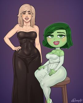 2girls alternate_version_available arm_at_side ass bare_arms bare_shoulders big_ass black_dress black_nails blonde_hair blush breasts cerez_(rocner) child_bearing_hips choker collarbone curvy curvy_female curvy_figure detached_sleeves disgust disgust_(inside_out) disney dress eyebrows eyelashes female green_eyes green_hair green_nails green_skin hand_on_hip heels human inside_out inside_out_2 light-skinned_female light_skin lipstick long_dress long_eyelashes looking_at_viewer medium_breasts milf multiple_females multiple_girls nail_polish neck piercings pixar purple_background rocner shortstack simple_background sitting slim_waist smiling smiling_at_viewer standing strapless strapless_dress thick_ass thick_eyebrows thick_hips thick_thighs tight_dress white_choker white_detached_sleeves white_dress wide_hips