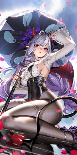 1girls 2d ahoge arm_up artist_name artist_signature big_breasts black_nails black_pantyhose blush breasts commentary demon demon_girl demon_horns demon_tail demon_wings english_commentary falling_petals female female_only fingernails from_below fully_clothed headband highres holding holding_umbrella horn_headband horns large_breasts leotard liang_xing long_fingernails long_hair looking_at_viewer mole mole_under_eye multicolored_hair nail_polish painted_nails pantyhose parted_lips petals pointy_ears purple_hair red_eyes sideboob solo streaked_hair tail thighs umbrella vivian_(zenless_zone_zero) vivian_banshee white_hair wings zenless_zone_zero