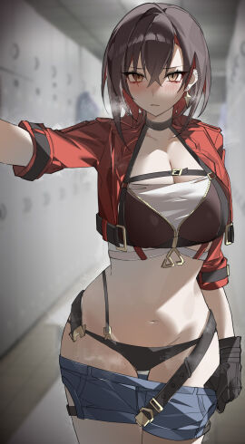 belt belts black_gloves black_hair blush breasts choker cleavage cropped_jacket earrings female highres large_breasts locker locker_room long_bangs looking_at_viewer ming_(strinova) navel panties pants_pull red_jacket short_hair short_pull shorts strinova teasing undressing y9ru yexinhan zipper zipper_bra
