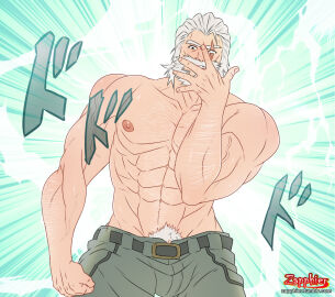 grey_hair jojo_reference male male_only muscular no_visible_genitalia older_male overwatch overwatch_2 pubic_hair reinhardt reinhardt_wilhelm scar shirtless