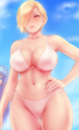 2girls bangs_over_one_eye bikini bikini_bottom bikini_top blonde-haired_female blonde_hair blue-haired_female blue_hair ear_piercing female hair_over_one_eye hand_on_hip looking_at_viewer looking_down multiple_females multiple_girls my_hero_academia nejire_hado one_eye_covered pierced_ears piercing piercings ryuukyuu sharp_teeth shpo swimsuit tagme