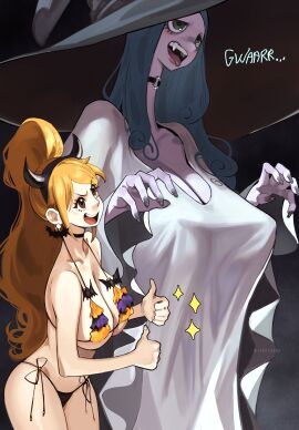2girls bat bat_bikini bat_earrings big_breasts bikini blue-haired_female blue_hair breasts charlotte_amande choker cleavage encouragement female female_only halloween halloween_2023 halloween_costume jerrydurd nami_(one_piece) one_piece orange-haired_female orange_hair size_difference thumbs_up wide_hips witch_hat