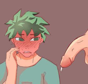 2boys ashamed balls blush boku_no_hero_academia face_closeup gay hero_outfit_(mha) huge_cock male male/male midoriya_izuku my_hero_academia open_mouth penis precum testicles uncensored yaoi