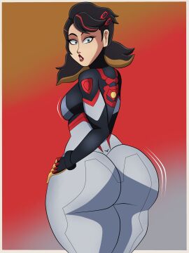 1girls 2d ass ass_focus black_hair blue_eyes blueartfiend bodysuit breasts butt_focus female fully_clothed huge_ass large_ass marvel marvel_comics marvel_rivals peni_parker peni_parker_(marvel_rivals) plugsuit spider-man_(series) thick_thighs thighs
