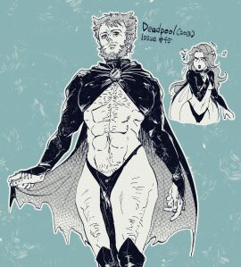 !? 1boy 1girls abs azuko_(@zuco) bara beard breasts bridal_gauntlets canon_costume cape chest_hair closed_mouth facial_hair female hairy leg_hair lipstick long_hair looking_at_another looking_at_viewer madelyne_pryor makeup male marvel marvel_comics mature_male muscular muscular_male navel open_mouth short_hair thighs wolverine_(x-men) x-men yaoi