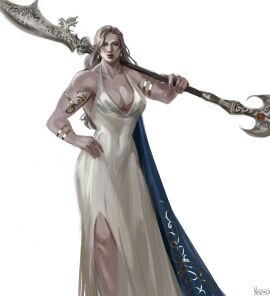 1girls 2d armlet big_breasts blonde_hair blue_eyes breasts cleavage clothed clothed_female clothing curvy digital_drawing_(artwork) digital_media_(artwork) earrings elden_ring elegant elegant_dress female fromsoftware glaive gold_armlet hand_on_hip holding_object holding_polearm holding_weapon jewelry jewels legs long_dress long_hair loretta_knight_of_the_haligtree mole mole_under_eye muscular muscular_arms muscular_female muscular_thighs polearm red_lipstick scar_across_eye scar_on_face scar_on_forehead simple_background standing tall_female taller_female weapon white_background white_dress yenyenyen19