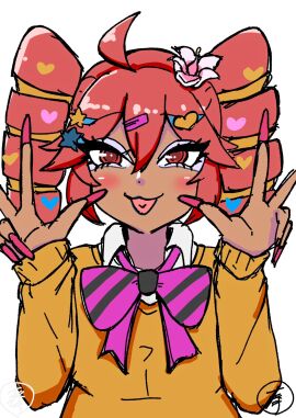 bow bowtie dark-skinned_female dark_skin drill_hair eyelashes eyeshadow female ganguro gyaru gyaru_teto_(synthv) hair_ornament highres houbou_ura kasane_teto kasane_teto_(utau) makeup nail_polish red_hair sweater twin_drills utau yamanba_(gyaru)