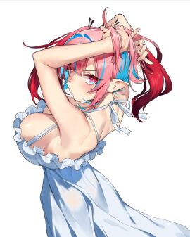 adjusting_hair armpits bare_arms bare_shoulders blush breasts cleavage dress female frilled_dress hair_ribbon head_turned huge_breasts kanan-sama_wa_akumade_choroi kanan_(kanan-sama) medium_hair multicolored_hair nonco official_art parted_lips pink_hair red_eyes sleeveless_dress sundress white_dress