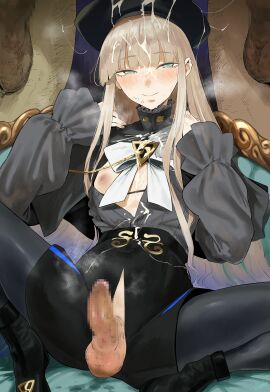 3boys absurdres aiguillette beret black_boots black_capelet black_hat black_shorts blonde_hair blue_hair blush boots bow bowtie capelet censored cum cum_on_body erection facial fate/grand_order fate_(series) gradient_hair green_eyes grey_pantyhose grey_shirt hat hero_neisan high-waist_shorts highres long_hair long_sleeves looking_at_viewer multicolored_hair multiple_boys nemo_(fate/grand_order_arcade) nipples noah_(second_ascension)_(fate/grand_order) open_clothes open_fly pantyhose penis shirt shorts smile solo spread_legs testicles thighs two-tone_hair very_long_hair yaoi