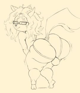 1boy anthro ass big_ass big_butt bulge canid canine canis clothing ear_piercing eyewear femboy glasses hair hi_res jockstrap long_hair male mammal maned_wolf monochrome naz_(bonesman) piercing presenting purple_yoshi_draws shaking_ass shaking_butt solo teasing thick_thighs underwear yellow_and_black