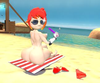 3d ass beach beach_towel belle_fontiere big_ass bikini breasts female kaibernation looking_at_viewer naked_female nipples popcicle side_boobs smg4 smiling_at_viewer sunglasses